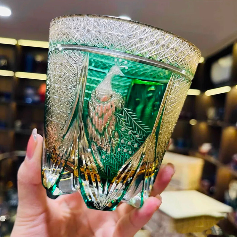 11oz Whisky Glass Hand Carved Pattern Amber Green Edo Kiriko Glass Gift on Sale