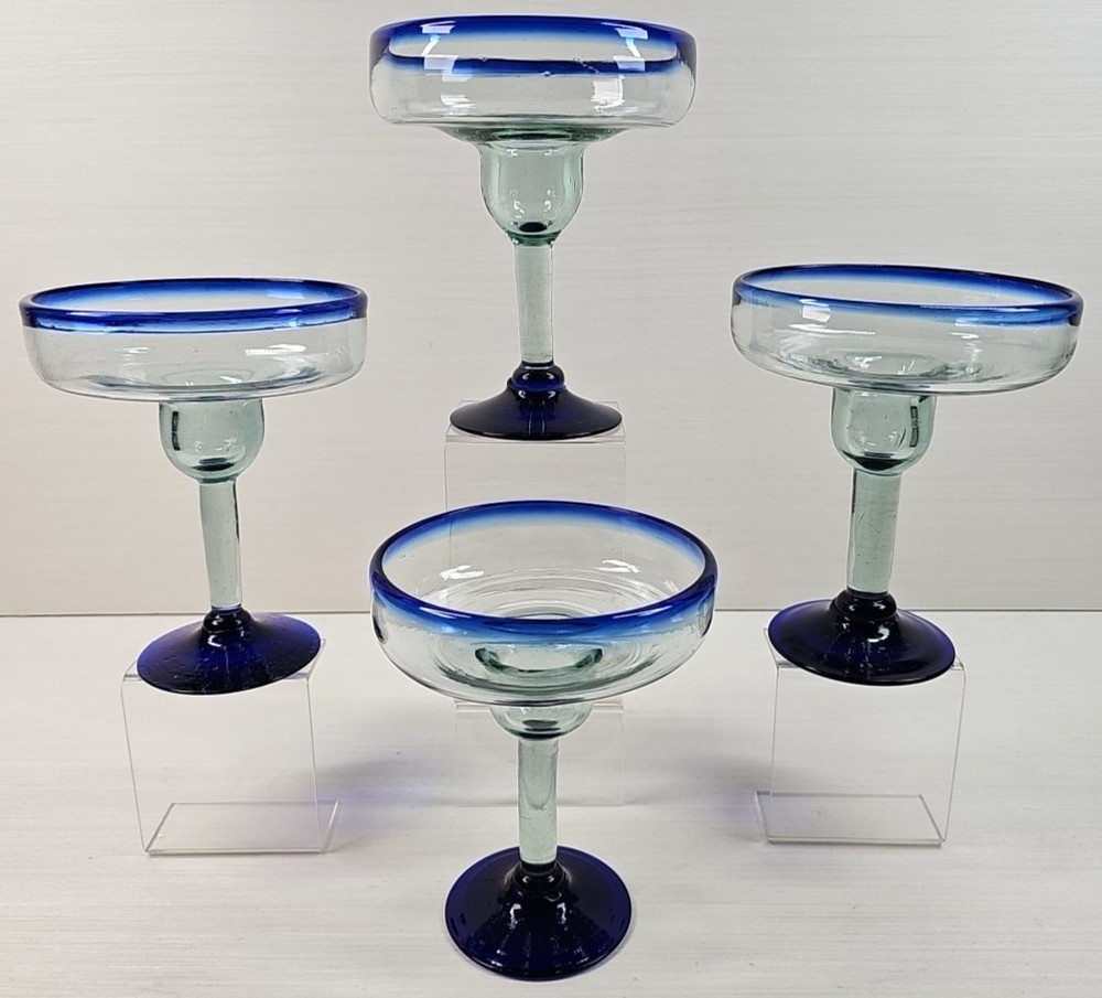 (4) Pier 1 Cobalt Rim Margarita Glasses Set Hand Blown Drinking Stemware Bar Lot