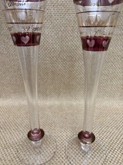 2 Pier 1 l’amour Hand BLOWN CHAMPAGNE Hollow stem flutes Cranberry/Gold Romania