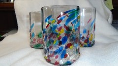 3 pcs Multi-Color Confetti Hand Blown Glass Set Pontil SIGNED Art