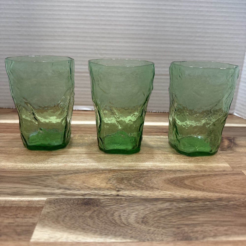 THREE Mid Century MORGANTOWN Green CRINKLE Tumblers 10 oz Glasses 4 1/8″ Tall