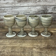 VTG Art Studio Pottery Stoneware Wine Goblet Chalice Set of 4 Blue Green Cream
