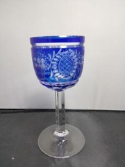 COBALT to CLEAR Cut Wineglass Flower Basket Design and Etched Clear Stem 7″