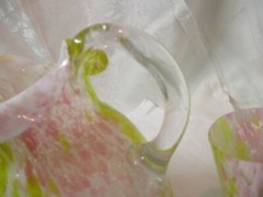 Vintage Art Glass Spatter Pitcher & 4 Tumblers pink yellow white