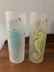 Vintage Federal Glass Frosted SEAHORSE Tom Collins Highball Glasses set of 2 MCM
