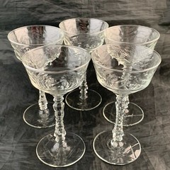 VINTAGE WINE/CLARET FLOWER GARLAND ETCHED GLASS SET 5 STEMWARE ICE CUBE STEM