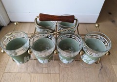 Vintage Jeannette Hellenic Green Cocktail Glasses Greek Key Gold Rim Barware