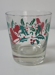 VTG Christmas Lowball Rocks Egg Nog Clear Drinking Glass 4 pc Bells & Holly 6 oz