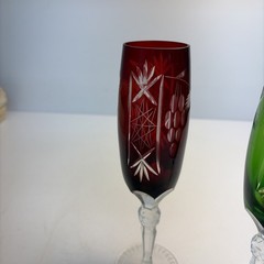 Vintage Ajka Cut to Clear 24% Lead Crystal Champagne Flutes Ruby Red Green Pair