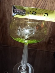 Antique ETCHED Yellow Vaseline Glass Wine Goblet Clear Stem