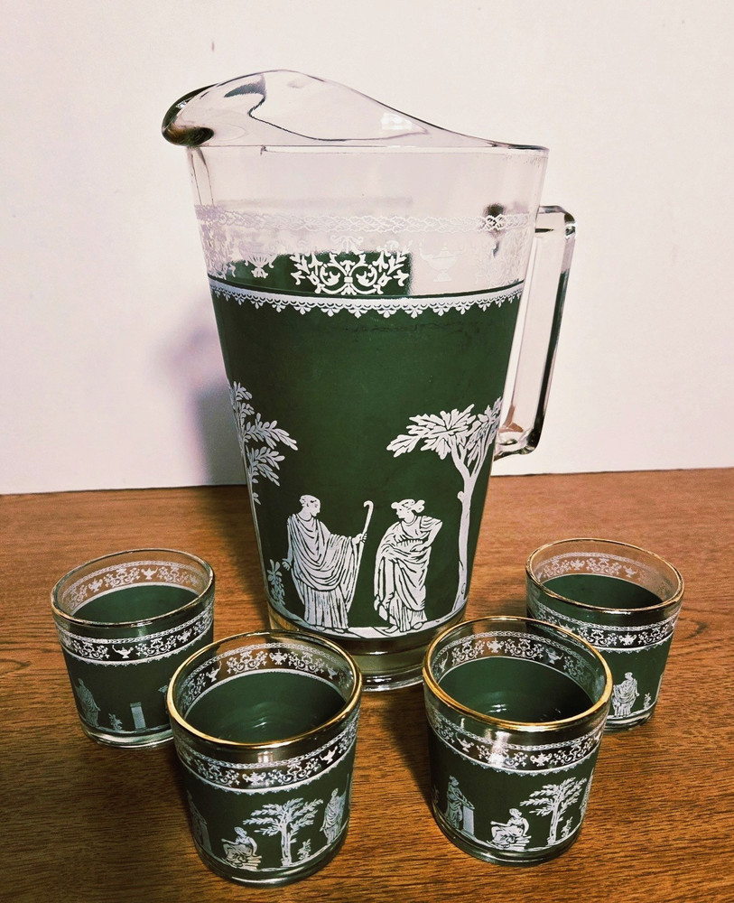 Vintage Jeanette Hellenic Green Neoclassical Wedgwood Pitcher and Shot Glasses