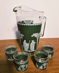 Vintage Jeanette Hellenic Green Neoclassical Wedgwood Pitcher and Shot Glasses