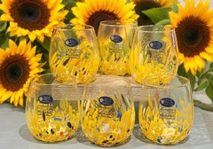 6 NEW Murano White Cristal Sunflower Yellow Confetti Stemless Tumblers Italy