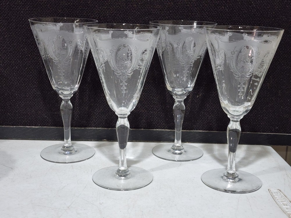 SET OF 4- RARE- Tiffin Clear Etched ISABELLA Sailing Ship 7.5″ Water Glasses