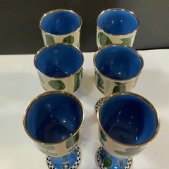 Linda Hogam Goblets Set Of 6 Blue Green Signed Hand Painted Vintage USA #40