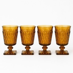 Indiana Glass Amber Pedestal Goblets Set 4 VTG Moody Mt Vernon Diamond Point MCM