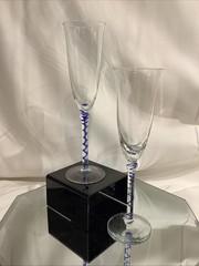 Clear 9” Champagne Flute w/ Blue Glass Spiral Twisted Stem – Set of 2