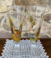 Champagne Flutes – Hand Painted – Nature, Birds – Swan & Partridge – Set of 2