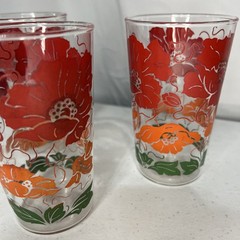 Vintage Red Orange Hibiscus Flower Clear Glass Tumblers 5” Libbey Lot of 3 MCM