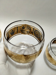 (4) VITO BARI GOLD ROLY POLY Cocktail Glass~CULVER Style Bar Glass~3″x3~22k Gold