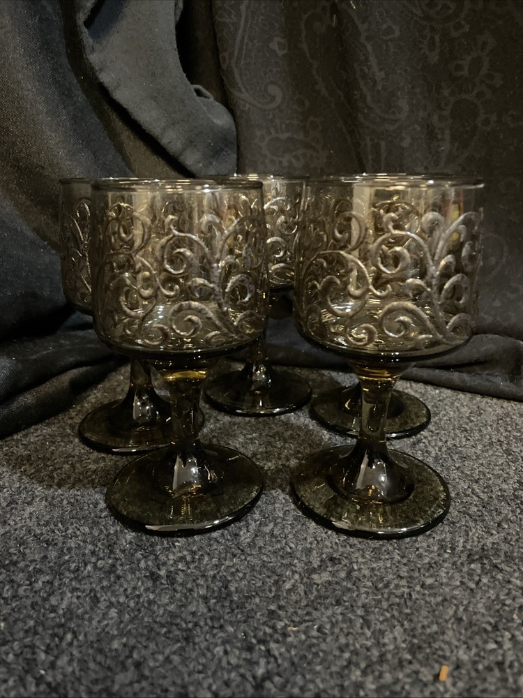 5 Vintage Libbey Prado Florentine Tawny Accent Smoky Brown Wine Glasses 5.25”