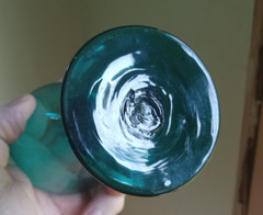 1800s FREE BLOWN PONTILED WINE GLASS PRETTY TEAL BLUE COLOR DOUBLE KNOB STEM
