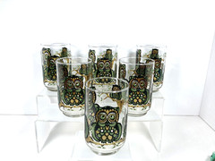 6 Vtg Libbey Owl Family Tumblers Embossed Stained Glass Look Drinking Glasses