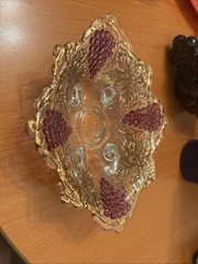 Mosser Glass Gold Leaves Purple Grapes Footed Candy Trinket Dish Ohio