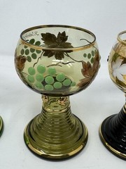 BEAUTIFUL SET(3) GERMAN Green/Gold Etched Grapes & Leaves Glass Goblets MARKED
