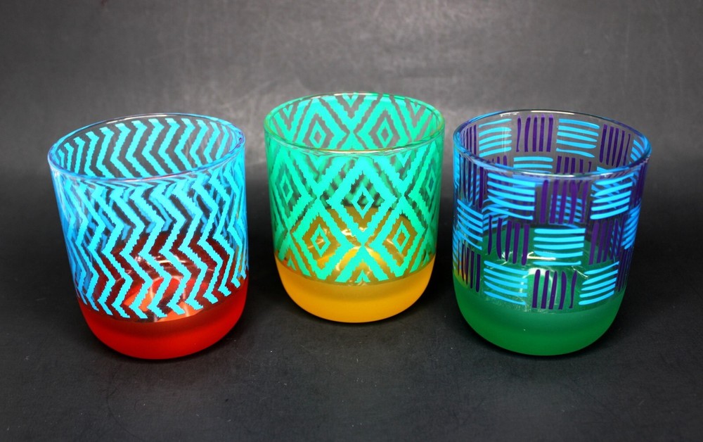 Set of 3 Glasses with Colorful Patterns and Frosted Bottoms by PartyLite