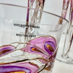 Romanian Hand Blown Glassware Set 6 Flutes 3 Tumblers Pink Gold Abstract