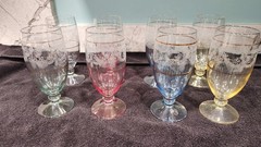 set of 8 etched 6″ parfait tulip glasses gold pink blue yellow green