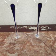 Pair Vintage 1950s Orrefors Sweden Crystal Champagne Flutes Intermezzo Dark Blue