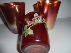 3 Vintage Fenton Carnival Glass Hand Painted Enameled Chrysanthemum Tumblers