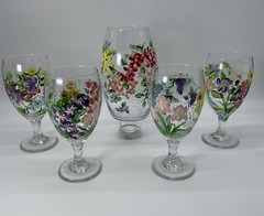 Artisan Made Carafe Blown Glass Wine Water Goblets 4-12 Oz Glasses & 48 Oz Vase