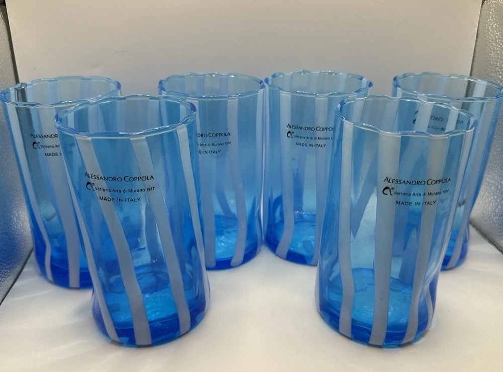 Alessandro Coppola Arte di Murano Italy Blue Glass Tumblers Set of 6 NWT