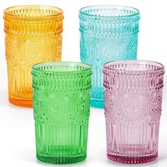 MDLUU Set of 4 Colored Embossed Glass Tumblers 12oz