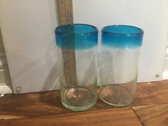 2 Mexican Recycled Pint Glass Aqua Blue Rim Large Handblown 6.25X3» Good used