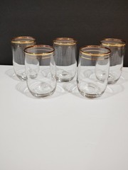 Vintage Set of 5 Clear Glass Round Tumbler Glasses Gold Rim 3.5″ Glossy Finish