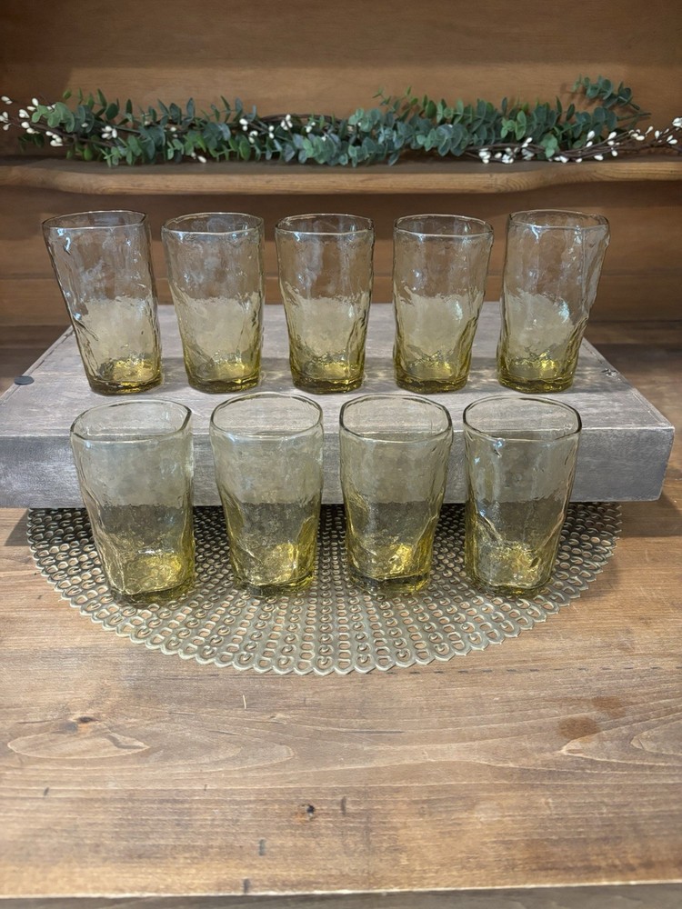 9 Morgantown Topaz Amber Crinkle Glass 4″ Flat Juice Glasses ~ NICE~