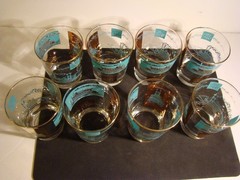 8 Libbey Steamboat Bar Glasses Gold & Blue 3.5 Inches Tall Southern Comfort