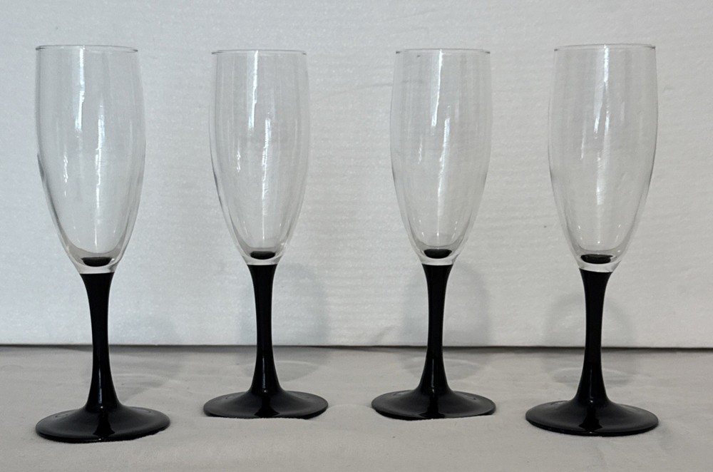 Modern Gothic Vintage Black Stem Luminarc Champagne Glasses Wine Flutes Set Of 4