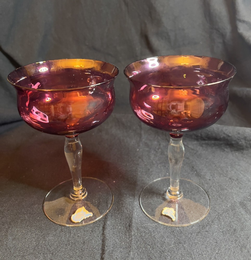 1950s West Virginia Glass Red Rose Lustre Cranberry Optic Wine Glasses Set Of 2