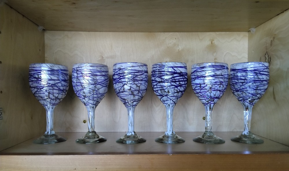 Vintage Hand Blown Heavy Wine Glasses Set Of Six Ribbon Pattern. Cobalt Blue