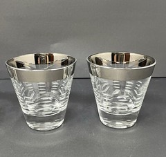 Vintage MCM Set of 4 Silver Rim Etched Double Shot Glasses