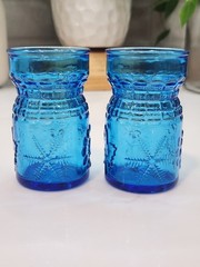 Set Of 2 Vintage Wheaton Blue Juice Glasses Sun Leaf Snowflake Sunflower