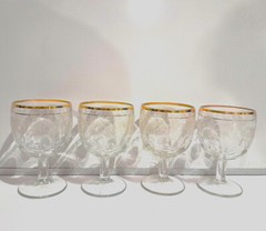 Vtg BARTLETT COLLINS Grape Etched, Gold Rimmed Water Goblets 6.125″ – Set Of 4