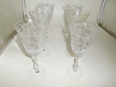 Pair of Cambridge Rose Point etched Elegant Glass 10 oz. Water Goblets #3121