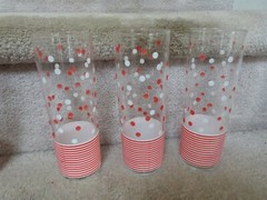 6 VINTAGE MCM Libbey Glass Tall Tom Collins Glasses Red White Dots Stripes 7″