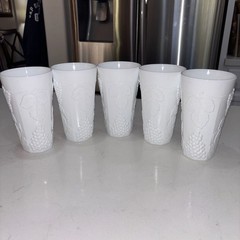 Vintage Indiana Glass Colony Harvest Paneled Grape Milk Glass Tumblers Set of 5